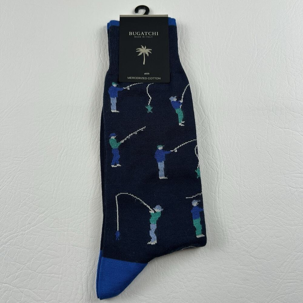 Bugatchi Fishing Novelty Dress Socks Mercerized Cotton Italy One Size NWT
